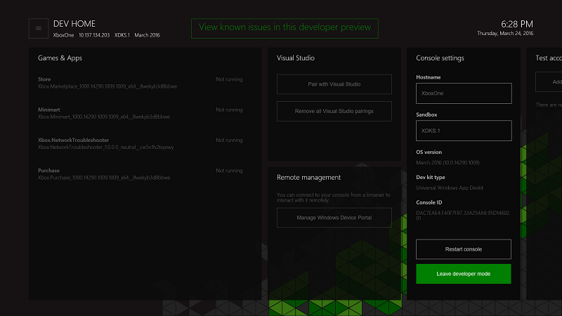 xbox one dev mode screen